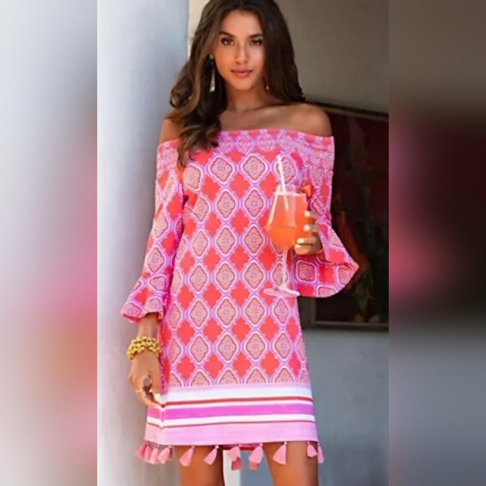 Cabana Life Coral Geo Beach Dress Size Medium Off the Shoulder Cover Up Vacation